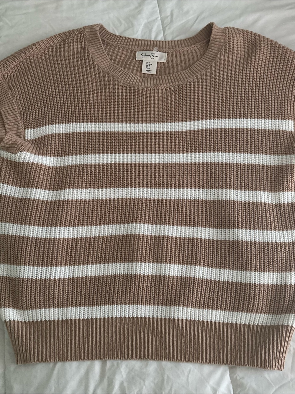 Jessica Simpson Taupe and White Striped Crewneck Sweater